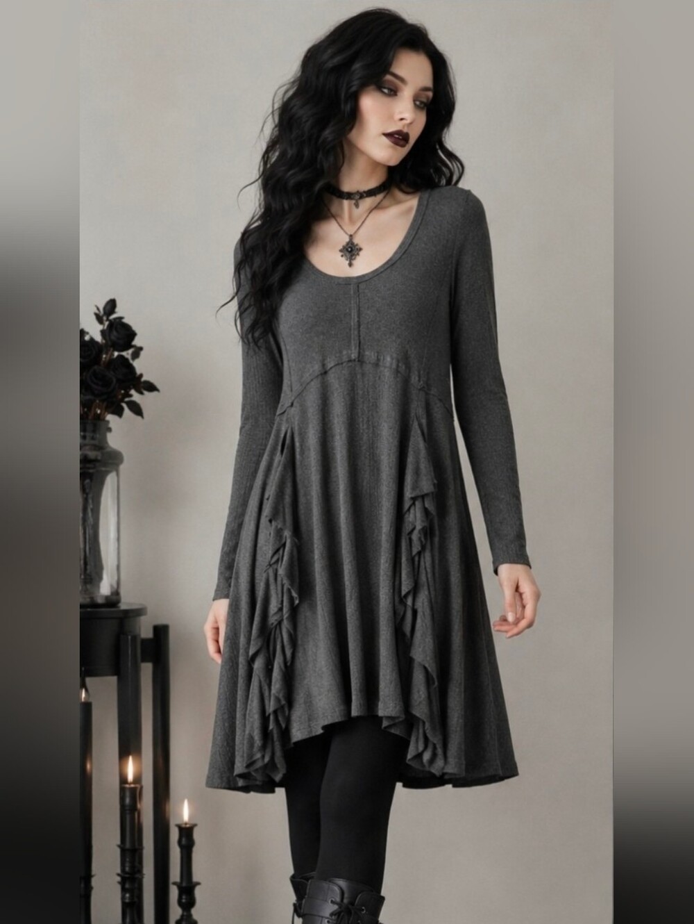 Bluivy Charcoal Gray Goth Tunic Dress L Soft Knit Ruffle Hem Boho Dark Academia